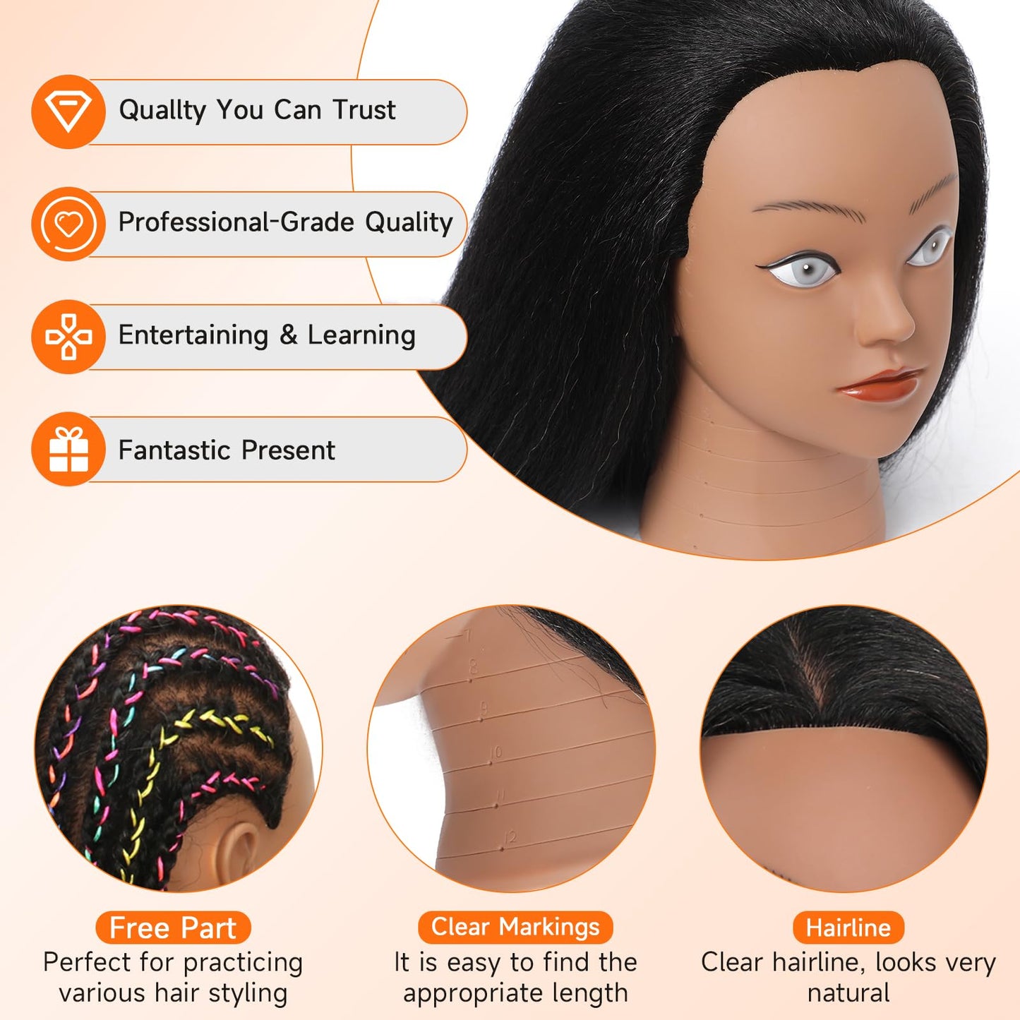Mannequin Head Human Hair 14 inch Professional Styling Head Mannequin Head with Hair 100% Real Human Hair for Salon Training, Braiding & Cutting Free Adjustable Stand (Designers/Beginners/Schools)
