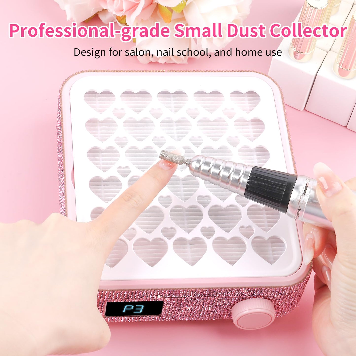 BQAN Portable Nail Dust Collector with 4200RPM Fan Pink Rhinestones