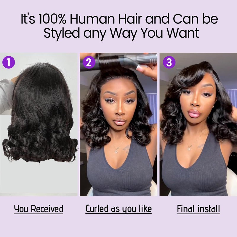 UVVUVV Bob Wig Human Hair 4x4 Frontal Lace Wig 10 Inch Body Wave 180% Density HD Lace Front Wigs Human Hair Pre Plucked Bob Wigs for Women (10 inch, Natural Black)