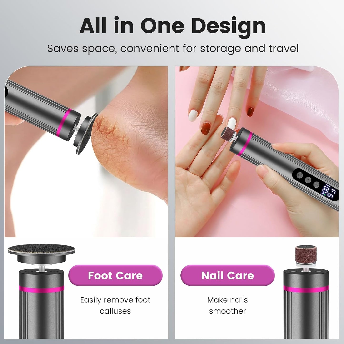 Rechargeable Electric Foot Callus Remover & Nail Drill - 2-in-1 with Digital Display, 9 Settings for Men & Women (Black)