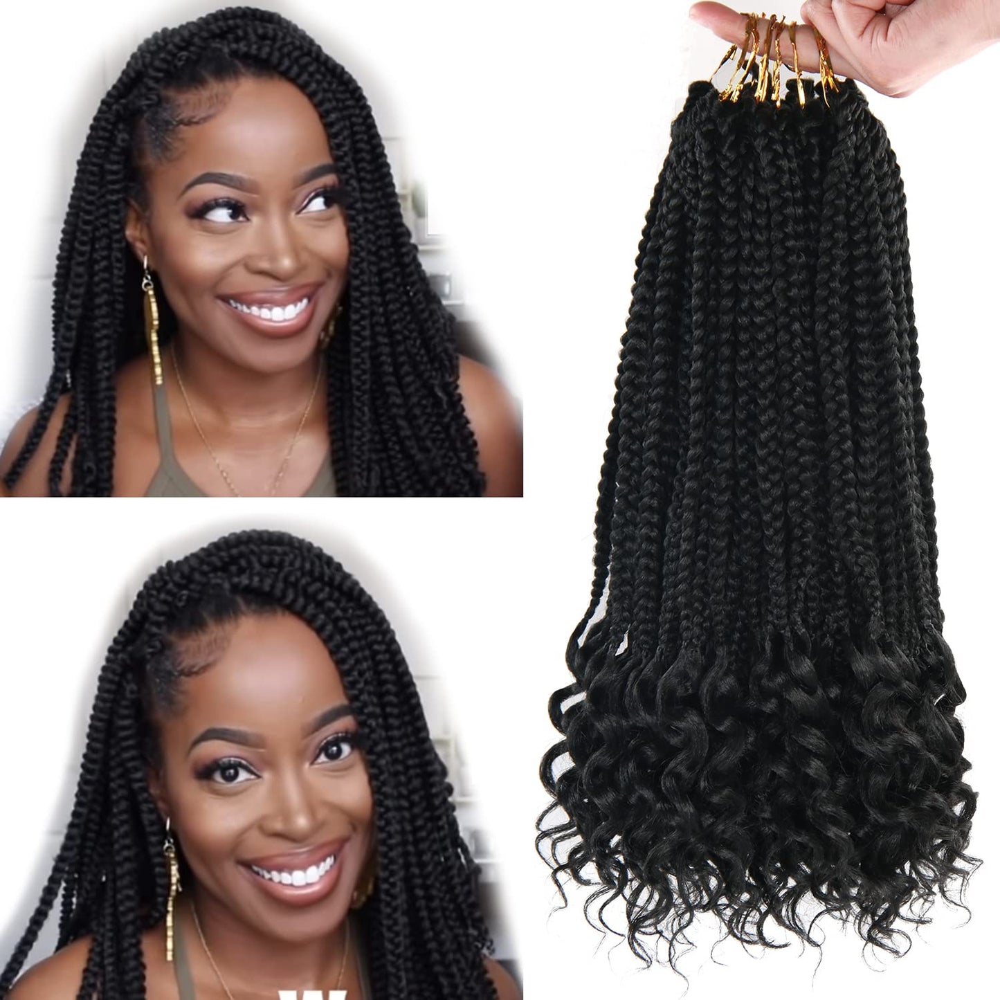 Crochet Box Braids - 14-Inch Pre-Looped Black Braid Hair Extensions with Curly Ends | 144 Roots per Pack, 24 Strands per Piece