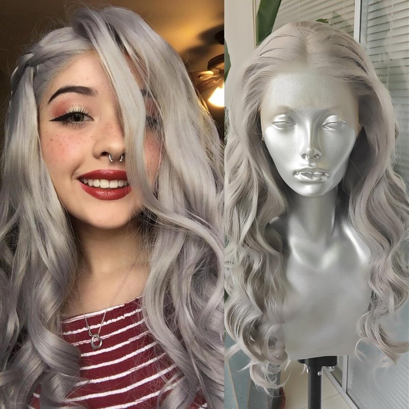 Long Body Wave Lace Front Wig - Sliver Grey Natural Wavy Heat Resistant Synthetic Hair | 24 Inch for Women & Girls