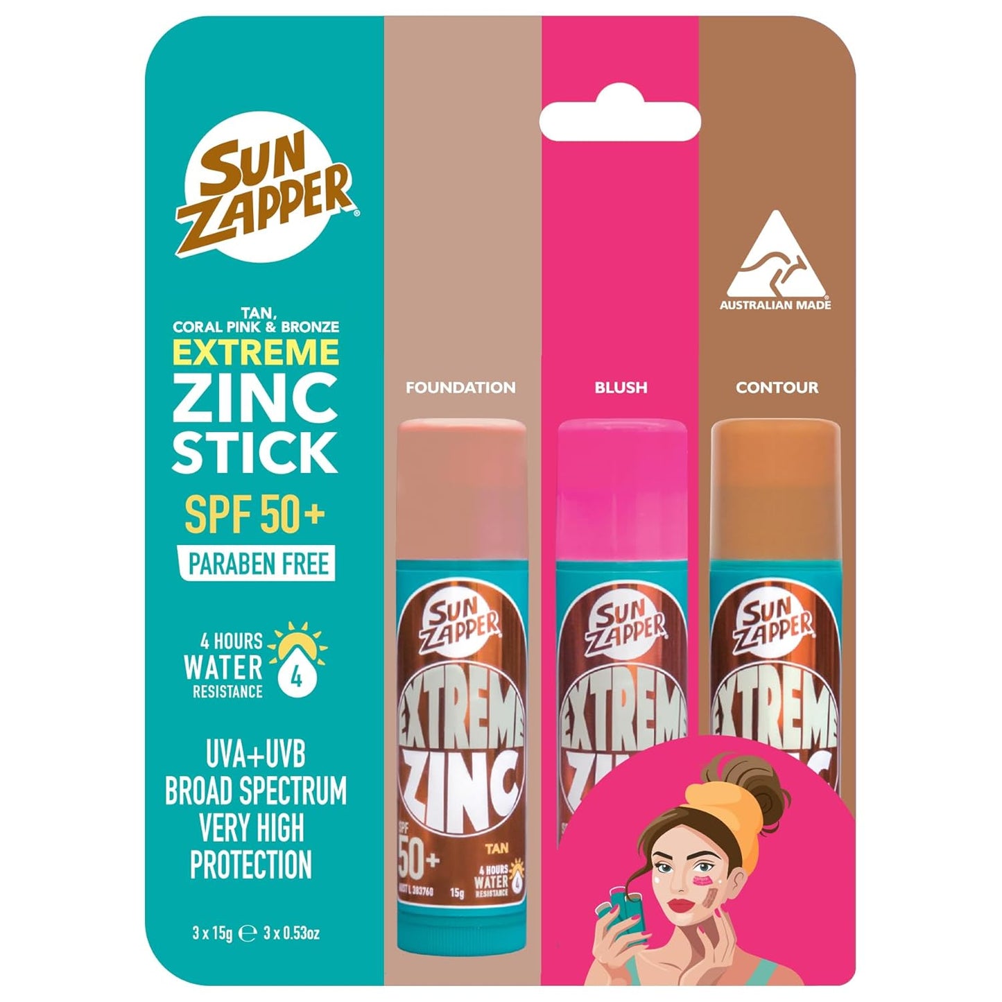 Zinc Sunscreen Stick SPF 50+ | Tinted Mineral Makeup for Face - 3-Pack Tan Bronze Coral Pink, Water-Resistant, 15g Each