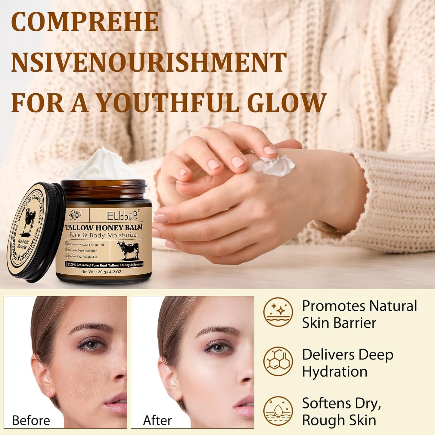 Whipped Tallow Cream for Face & Body - Grass-Fed Beef Tallow, Natural Honey & Beeswax Moisturizer | Deep Hydration, Oil-Free, Unscented