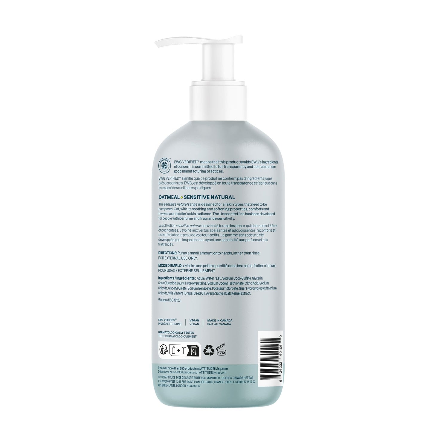 ATTITUDE Baby 2-in-1 Shampoo and Body Wash, EWG Verified, Plant- and Mineral-Based Ingredients, Vegan and Cruelty-Free Products for Sensitive Skin, Unscented, 16 Fl Oz