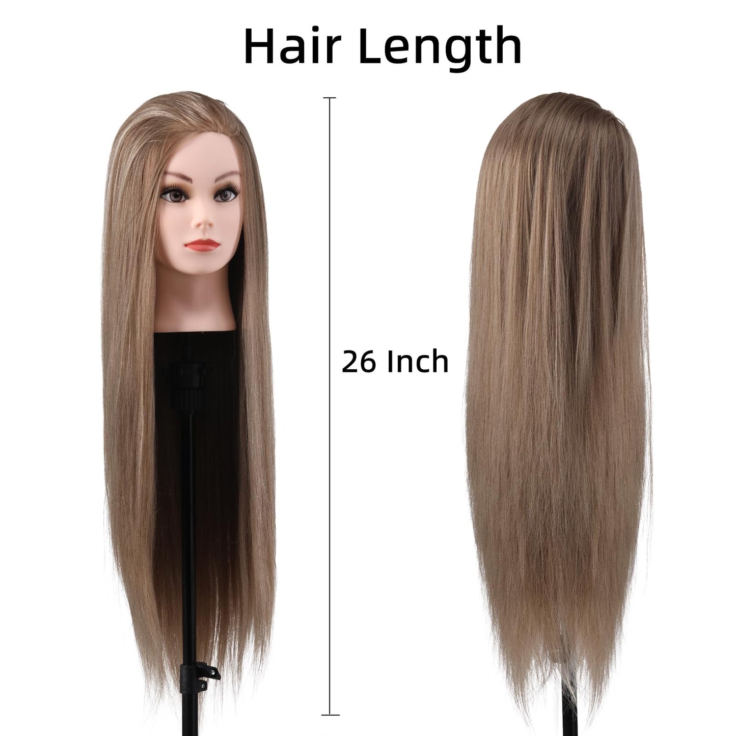 Mannequin Head with Hair, 26" Hair Mannequin Manikin Head Hair Practice Cosmetology Hair Doll Head Styling Hairdressing Training Braiding Cutting Setting with Clamp Holder and Tools