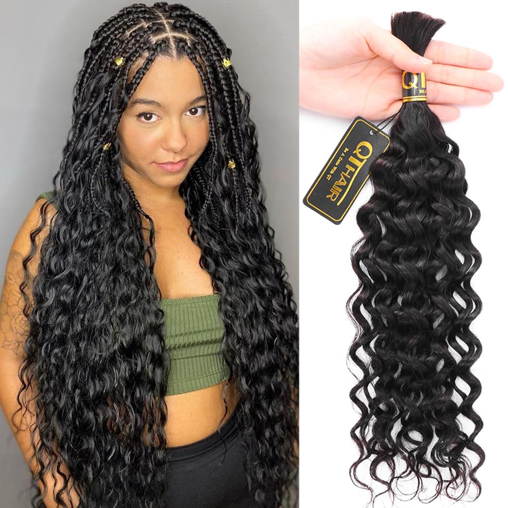 QTHAIR Deep Water Wave Bulk Human Hair For Braiding, 18A, No Weft, 100% Unprocessed Brazilian Water Wave Virgin Hair, one Bundle, Micro Braiding (#1B(Natural Black), 18"-50g, Curly)