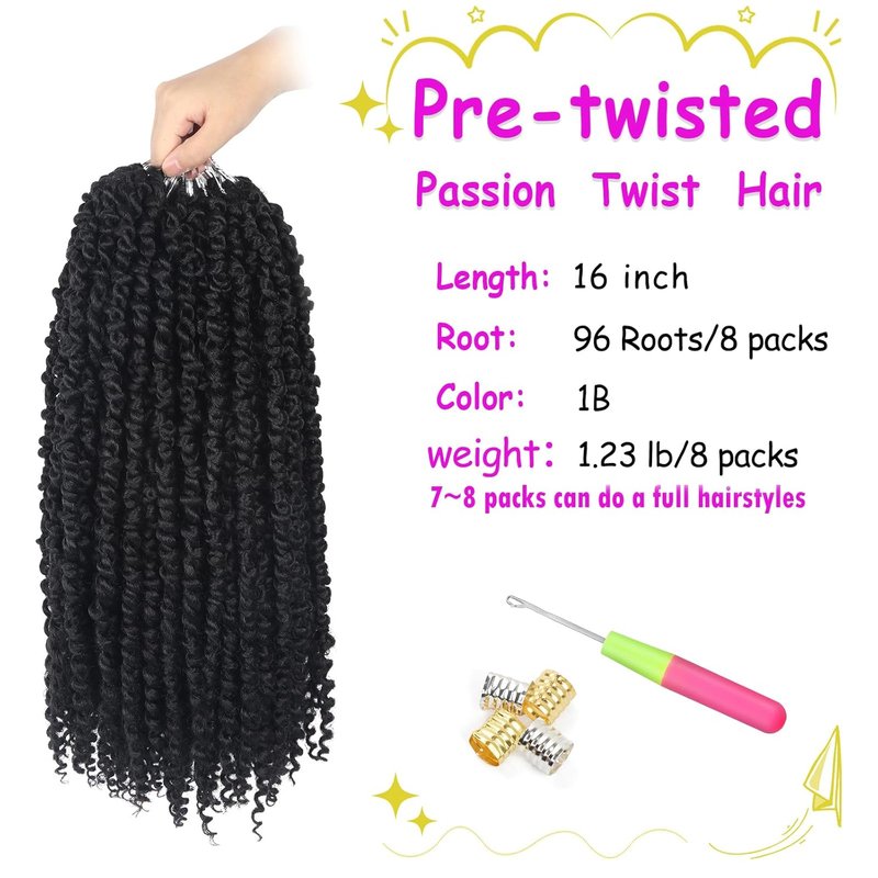 Passion Twist Crochet Hair - Pre-Twisted 16 Inch Braids | Soft Bohemian Style, 8 Packs, Color 1B