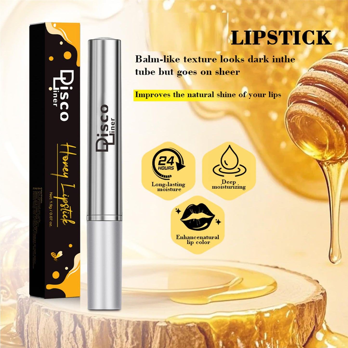 Discoliner Honey Lipstick Lip Tinted Lip Balm, Creamy Texture Nourishing Moisturizing Deep to Sheer Pigment Emollient, Enriched Lipstick Enhances Natural Color, Smooth Application Seamless Blend