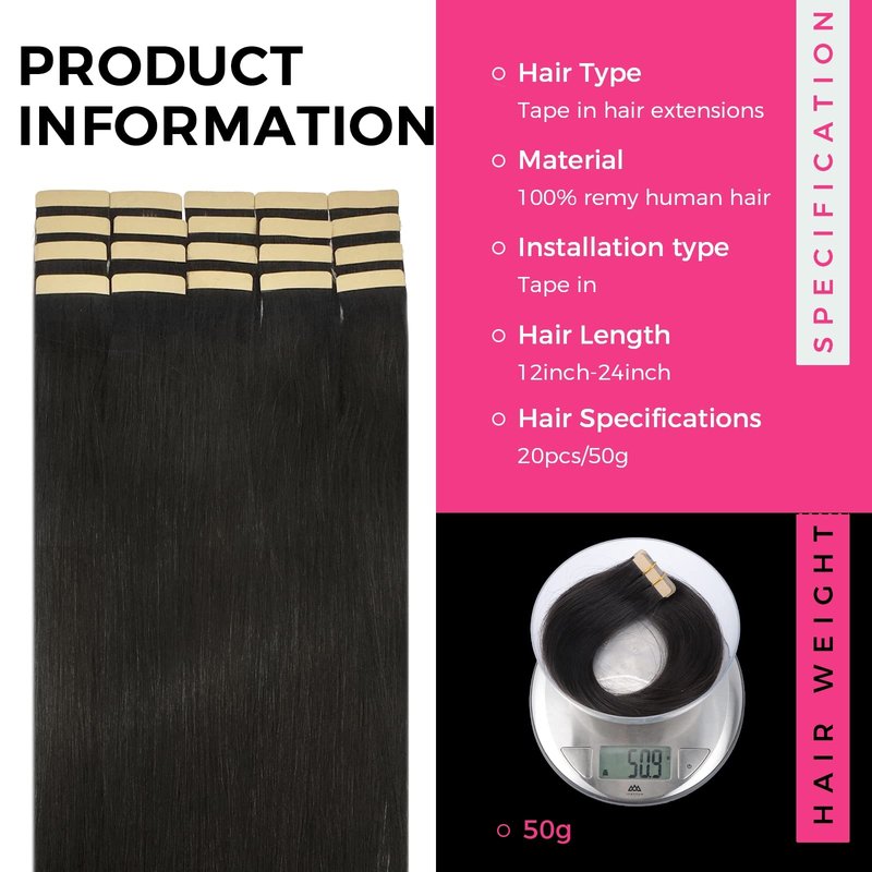 Lashey Tape in Hair Extensions Natutal Real Straight Tape in Hair Extensions 50g/pack 20pcs Natural Remy Human Hair 14 Inch for Black Women