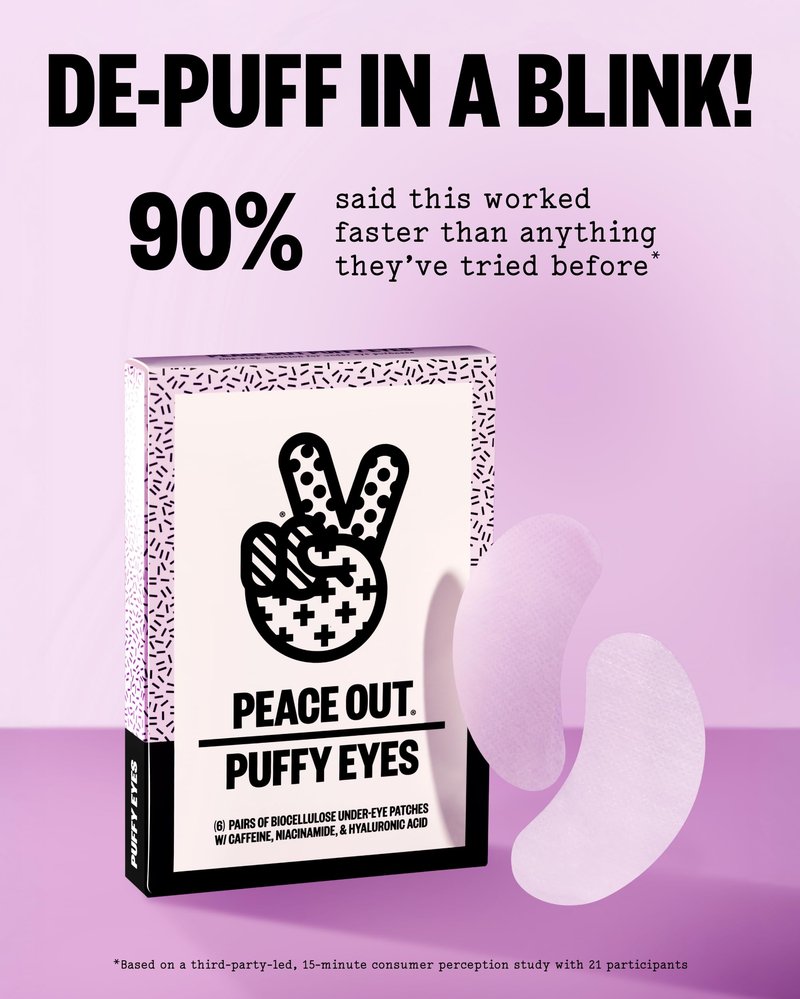 PEACE OUT Puffy Eyes Under Eye Patches, Biocellulose Mask with Caffeine, Niacinamide, and Hyaluronic Acid Tackles Puffiness, Dark Circles, Dryness (6 pairs)
