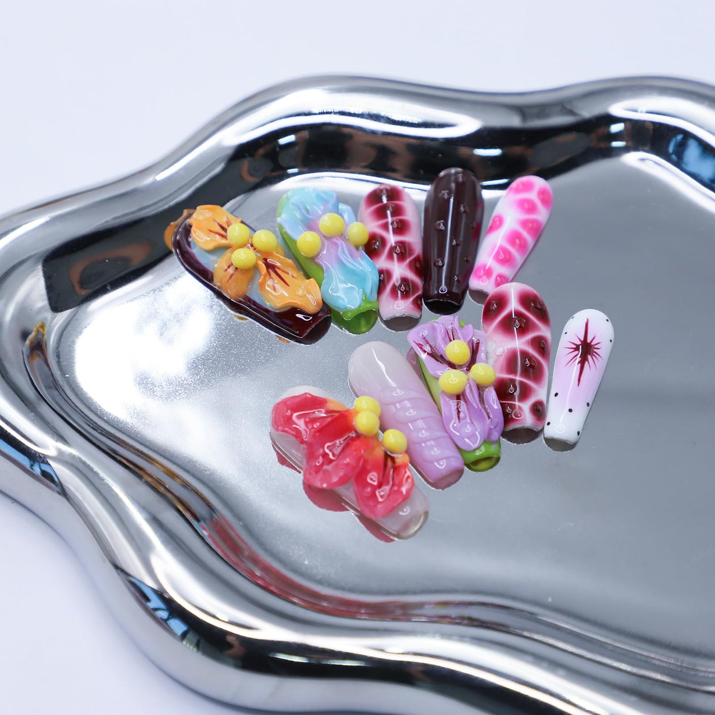 10Pcs Handmade Floral Press on Nails Long Thick Fake Nails Coffin False Nails with 3D Flowe Design Muti-Layer Gel Acrylic Nails Press ons Summer Fall Nail Reusable Stick on Nail for Women (S)