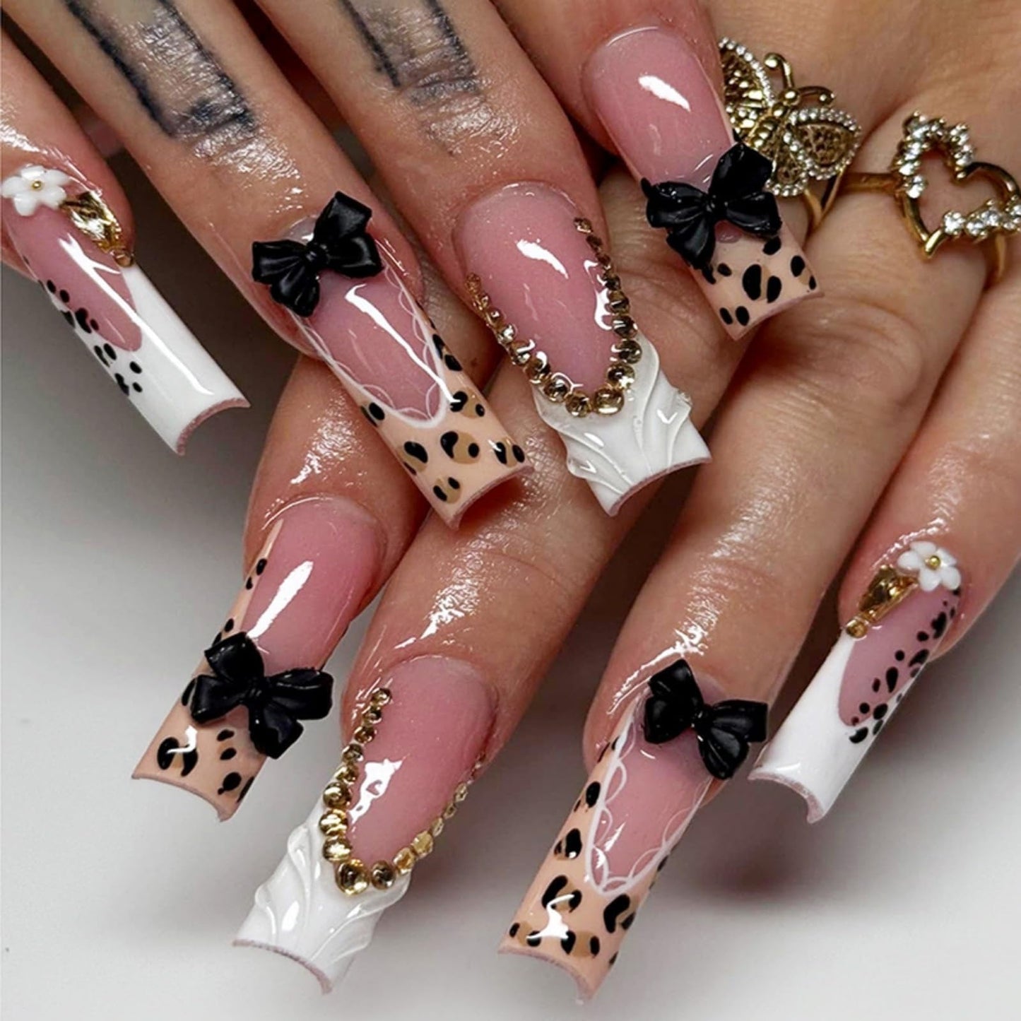 OCTOSWAVE Long Square Press on Nails - Leopard & 3D Black Bow French Tip Nude Pink Acrylic Glue on Nails, 24 Pcs Y2K Trendy Fake Nails for Women