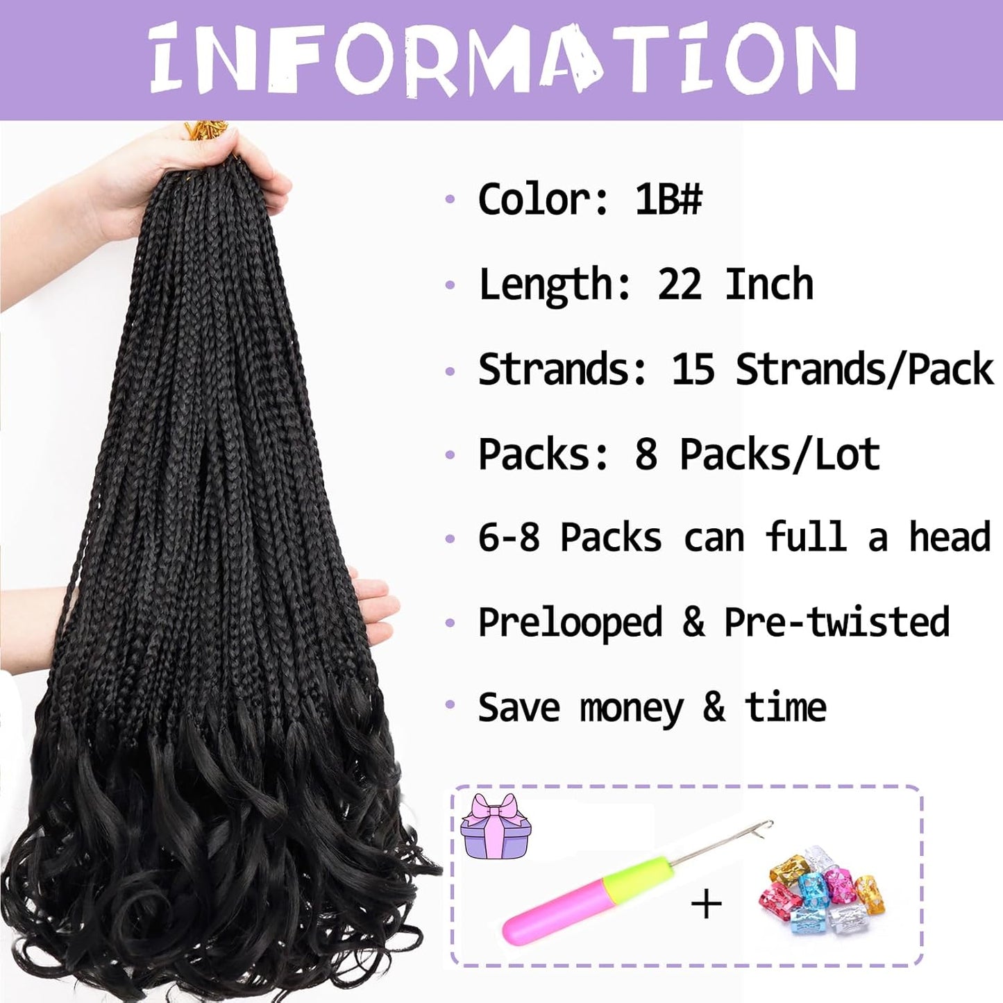 French Curl Crochet Braids - 22 Inch Goddess Box Braids | 8 Packs Pre-Looped Synthetic Hair Extensions (1B#)