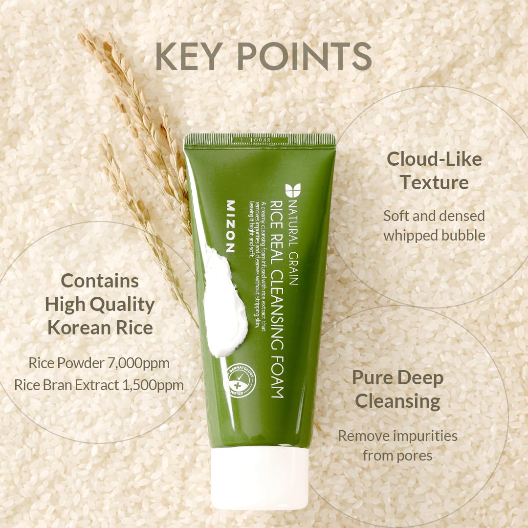 MIZON Rice Real Cleansing Foam Remove Dead Skin Hydrating Soothing Moisturizing Tone Correction Korean Skincare (150ml 5.07 fl oz) (Pack of 2)