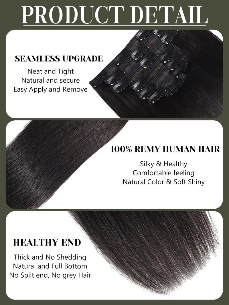 Black Clip-In Hair Extensions - 7 Pcs 120g Jet Black Straight Human Hair | Easy Double Weft Design