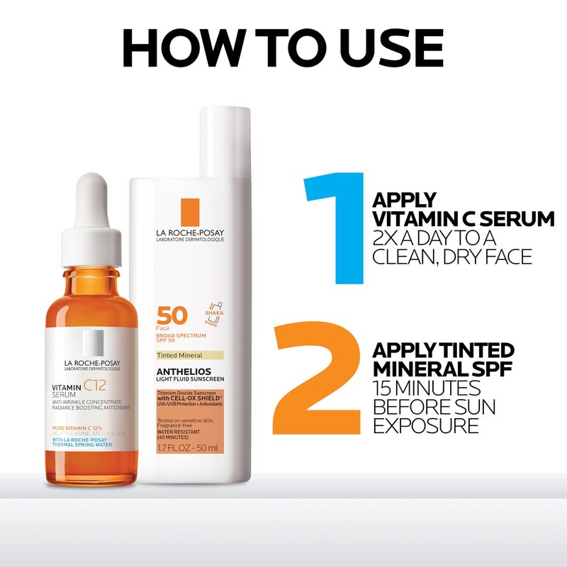Bundle of La Roche-Posay Pure Vitamin C Serum For Face, Boost Radiance & Reduce Wrinkles, + La Roche-Posay Anthelios Tinted Sunscreen SPF 40+, Broad Spectrum SPF, Zinc Oxide Sunscreen