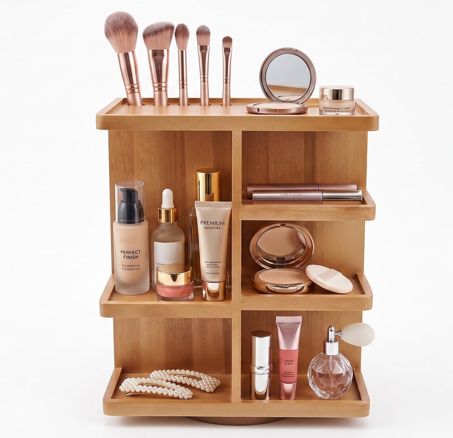 Spiretro Rotating Cosmetic Modular Organizer, Multi-Function Storage, 360 degree Carousel for Makeup, Toiletries, Vanity, Desk, Countertop, Bedroom, Closet, Solid Natural Wood with Acacia Brown