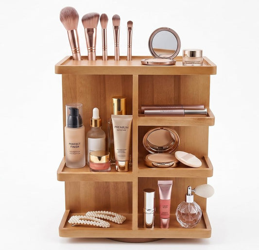 Spiretro Rotating Cosmetic Modular Organizer, Multi-Function Storage, 360 degree Carousel for Makeup, Toiletries, Vanity, Desk, Countertop, Bedroom, Closet, Solid Natural Wood with Acacia Brown