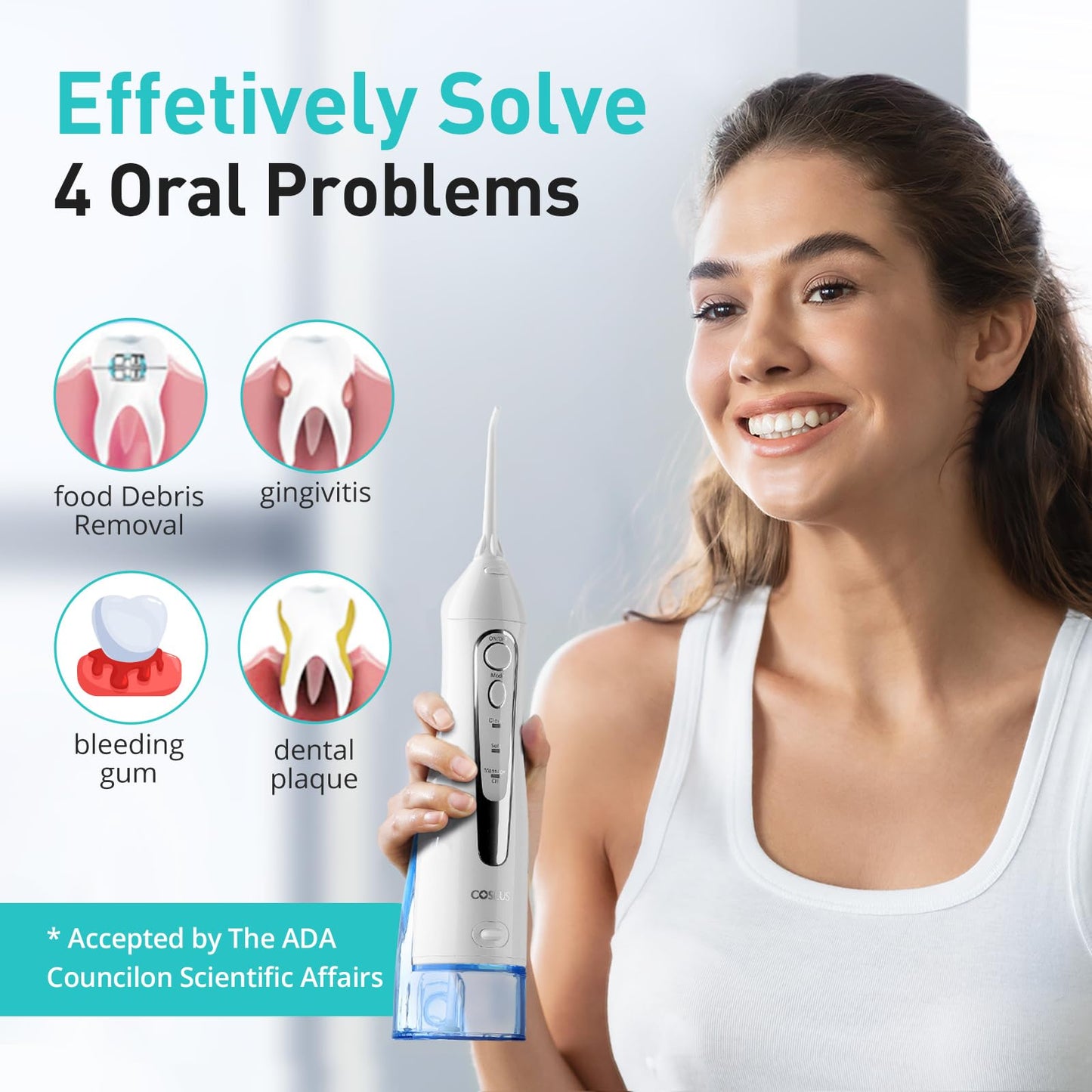 COSLUS ADA Accepted Water Dental Flosser Teeth Pick C20: Portable Cordless Oral Irrigator 300ML Rechargeable Travel Irrigation Cleaner IPX7 Waterproof Electric Flossing Machine, Professional Set White