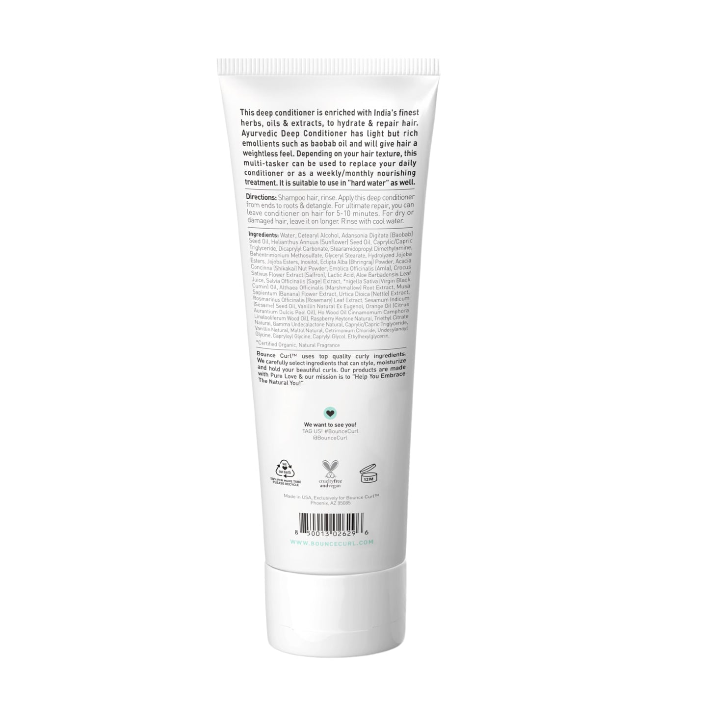 Bounce Curl Ayurvedic Deep Conditioner for Curly Wavy Coily Hair, Protein Free, Amla and Baobab Oil, Moisture and Detangling Treatment, Vegan, Silicone Free, Sulfate Free, 8 oz