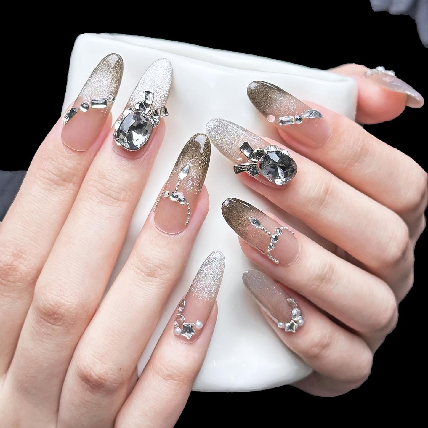 3D Sea Shell Press-On Nails - Handmade Medium Almond Beach Nail Art with Butterflies (L Size)