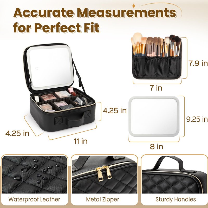 Elite Dance Gear Travel Makeup Bag with LED Mirror, Leather Cosmetic Train Cases with Adjustable Dividers, Makeup Organizer with Makeup Brush Storage Board for Women, Artist and More