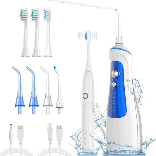 Rechargable Water Dental Flosser with Electric Toothbrush Combo for Teeth Cleaning, Oral Irrigator with 6 Flossing Modes & 5 Jet Tips, Electric Toothbrush with 3 Brushing Modes & 4 Brush Heads