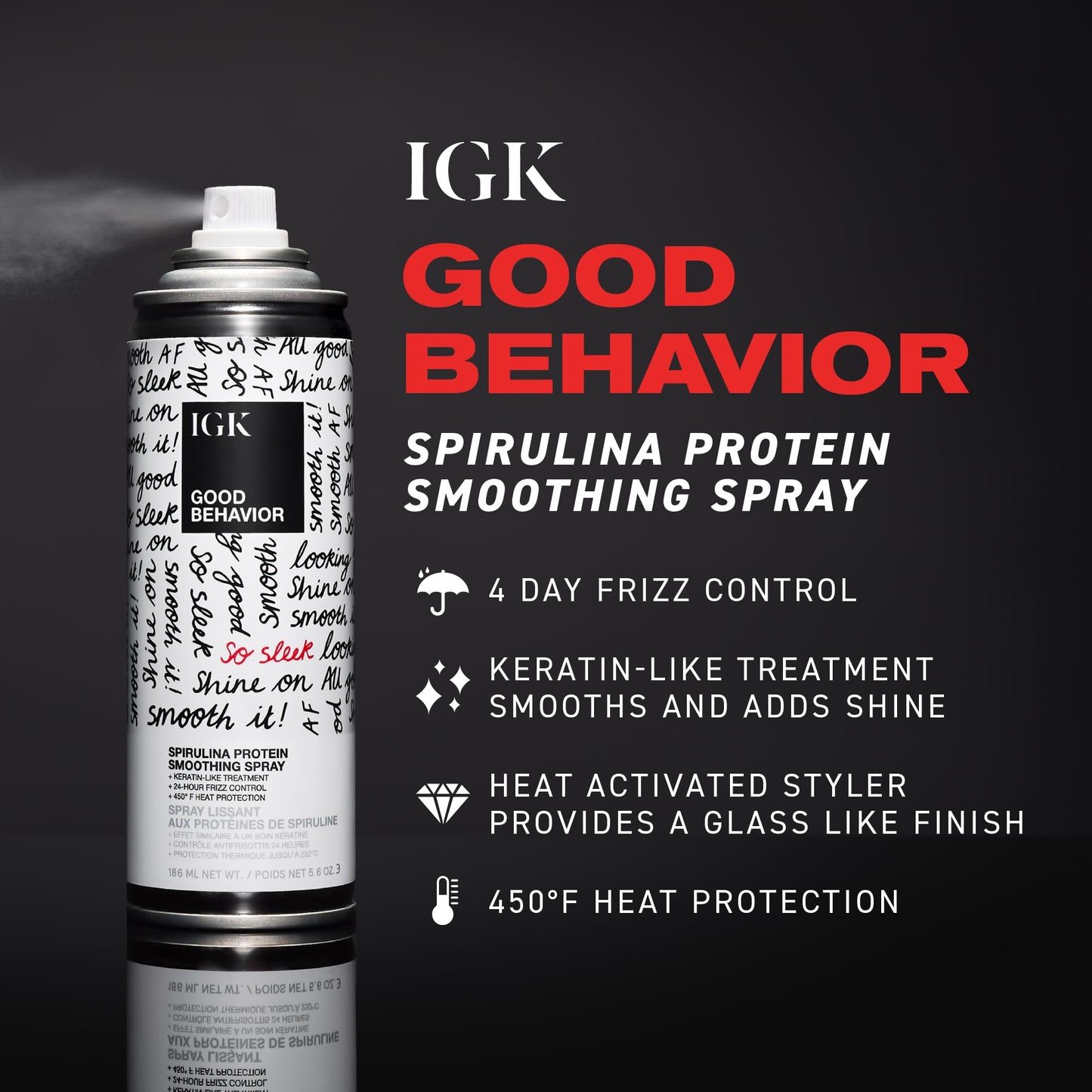 IGK GOOD BEHAVIOR Spirulina Protein Smoothing Spray Travel | 4 Day Keratin Like Treatment + Frizz Control + Heat Protectant | Vegan + Cruelty Free | 2.4 Oz