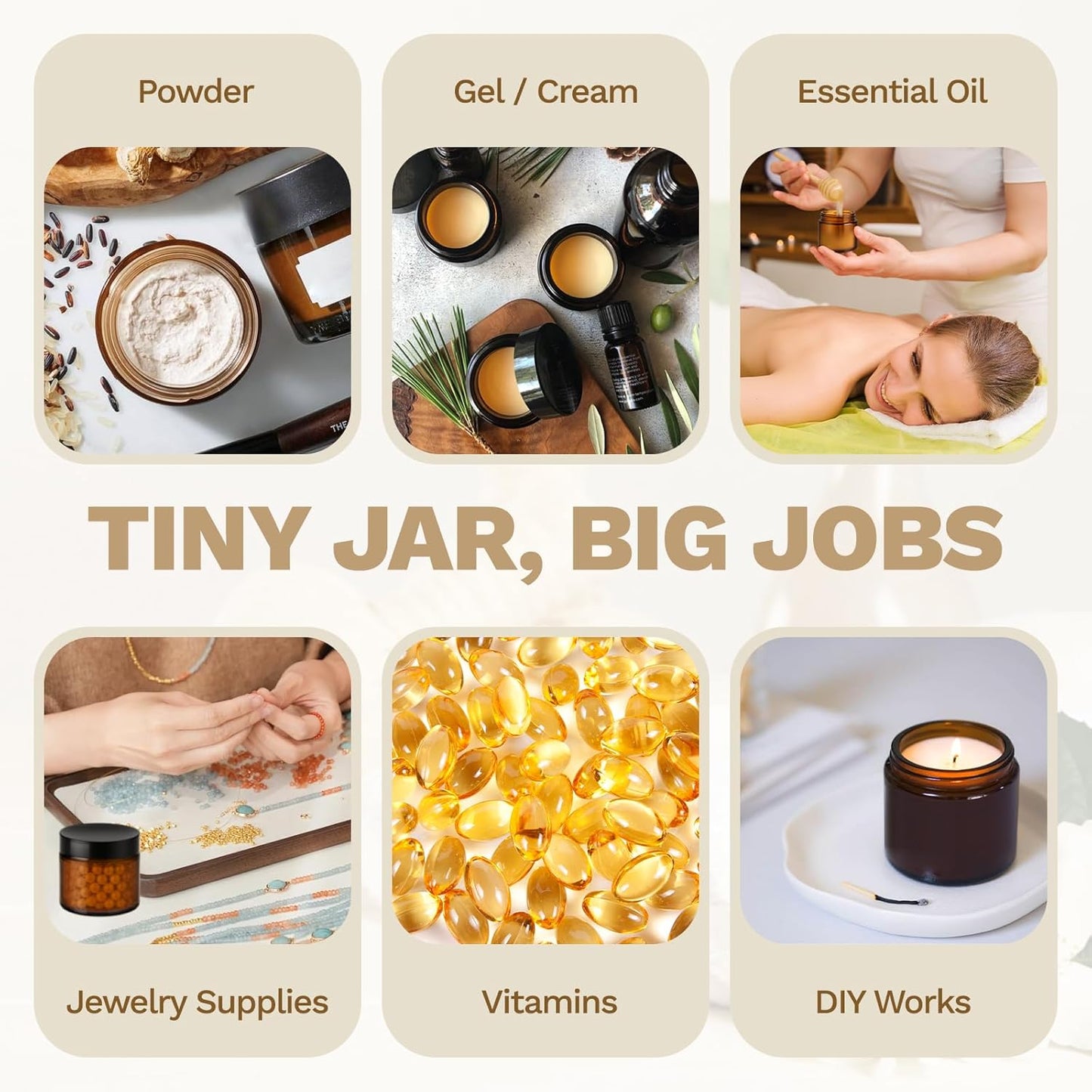 Amber Glass Cosmetic Jars - 2 oz Small Round Containers with Lids | 24 Pack for Lotion, Cream, Salve, and Ointments