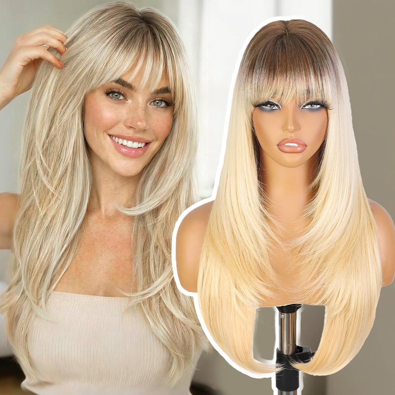 ENTRANCED STYLES Brown Wig With Bangs 26 Inch Long Straight Wigs for Women Dark Brown Layered Hair Synthetic Heat Resistant Hair for Daily Party Use