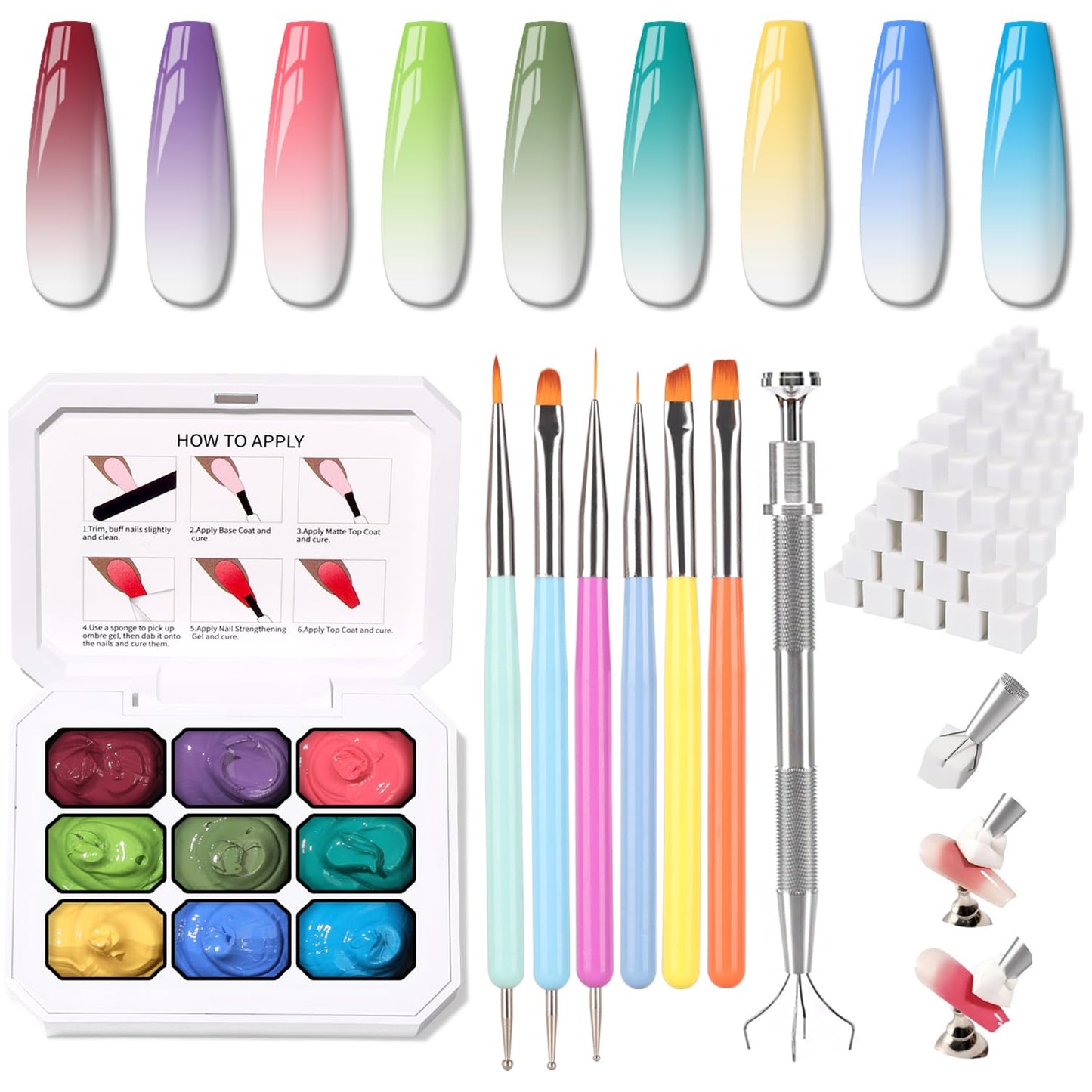 Ombre Nail Gel Set - 9 Colors Sponge Pat Paint for Floral Nail Art, No Wipe, UV/LED Curing