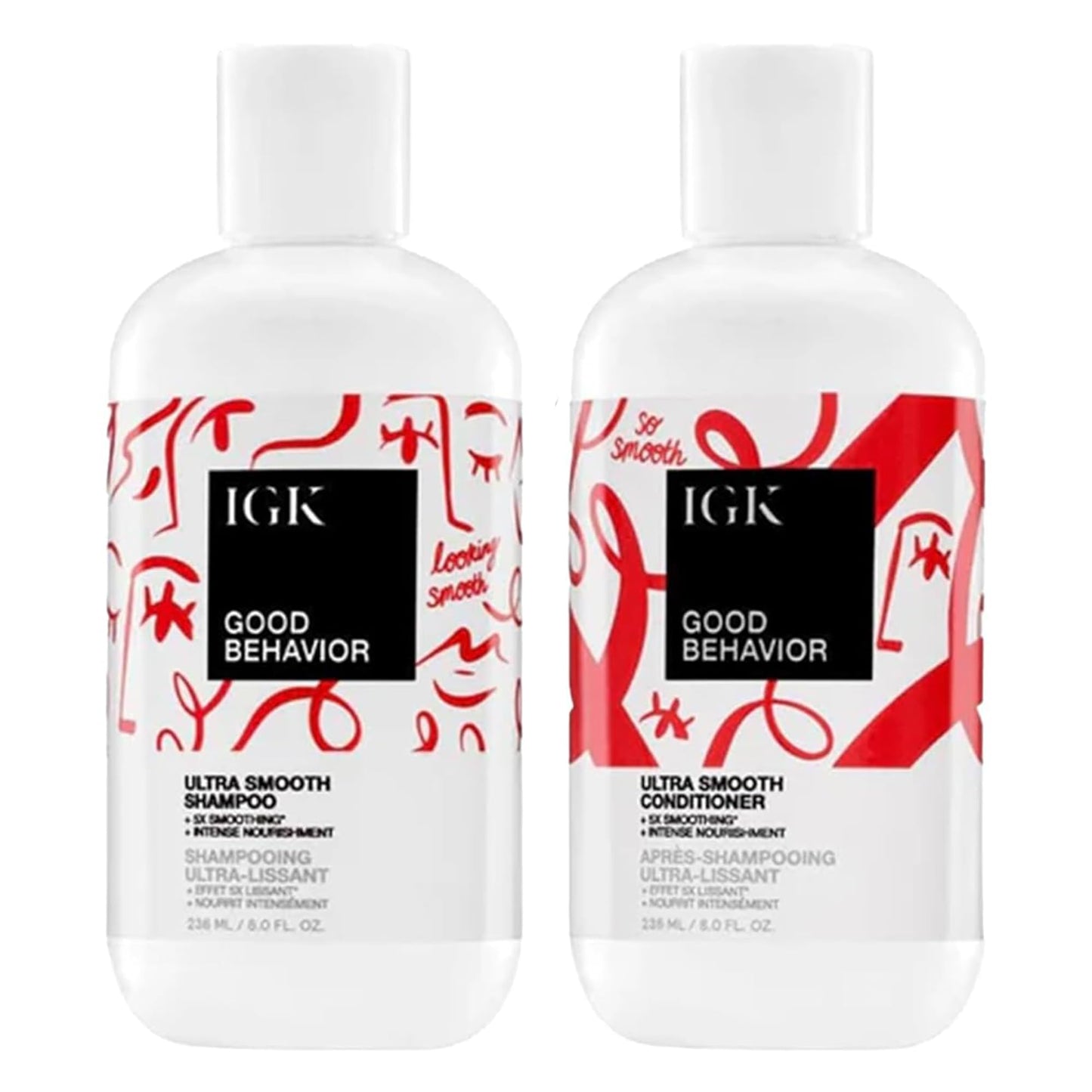 IGK GOOD BEHAVIOR Ultra Smooth Shampoo & Conditioner Set + Travel Size Packettes | Frizz Control + Shine | Vegan + Cruelty-Free | 8 oz (Pack of 2)