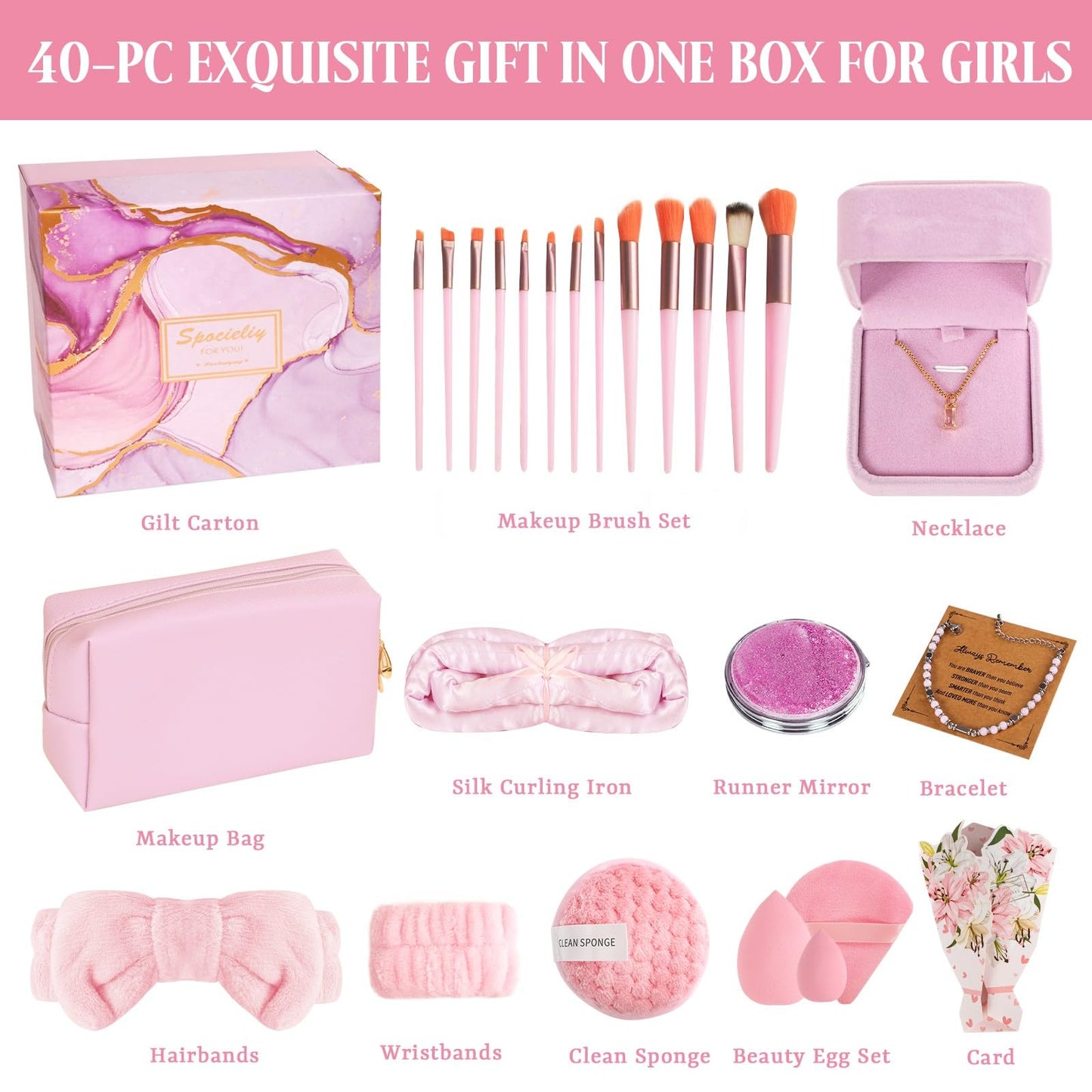 40PCS Trendy Stuff Gifts Set for Teen Girls -Makeup Brushes Set + Blending Sponges + Silk Heatless Curling Set + Jewelry Set & Skincare Headbands | Birthday Gift for Daughter, Niece, Her (Pink)