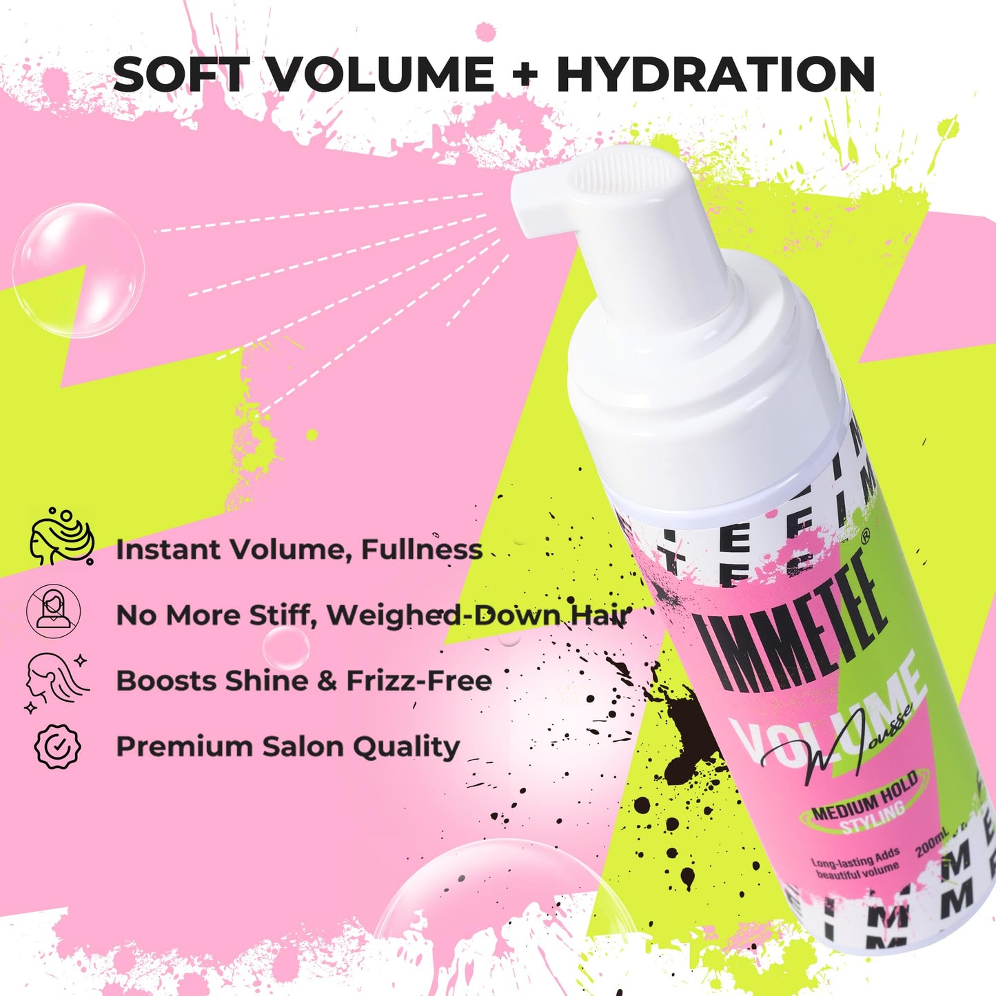 immetee Volumizing Mousse for Fine Hair,Lightweight & Long Lasting,Frizz Control,Create Instant Volume Thickness,Non Sticky Formula,for Women and Men 200ml/6.76oz
