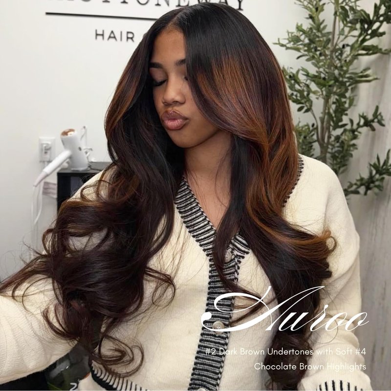 AUROO 12A Brown Body Wave Bundles Human Hair, 100% Virgin Brazilian Real Hair Wavy Weave Color #F2/4 Rich Dark Brown with Chestnut Ombre Highlights Human Hair Single Bundles Thick Track Sew in 14 Inch
