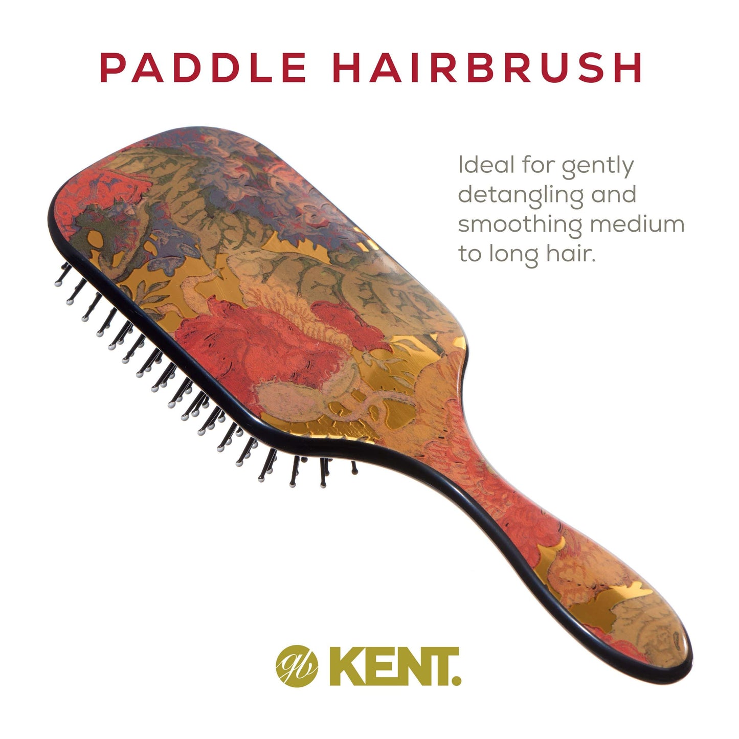 Kent LPB1 Large Paddle Cushioned Hair Brush - Grooming, Detangling, & Smoothing Floral Print - Best Everyday Brush For Medium to Long Hai