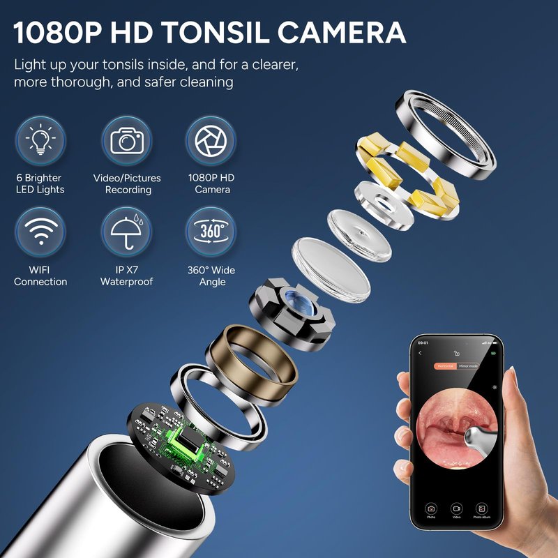 Tonsil Stone Remover with Camera - Upgraded Visual Tonsil Stone Removal Kit with 6 LED Light -Tonsil Stone Remover Tool with 1080P Camera, 5 Stainless Steel Heads, Irrigator, for iOS & Android(White)