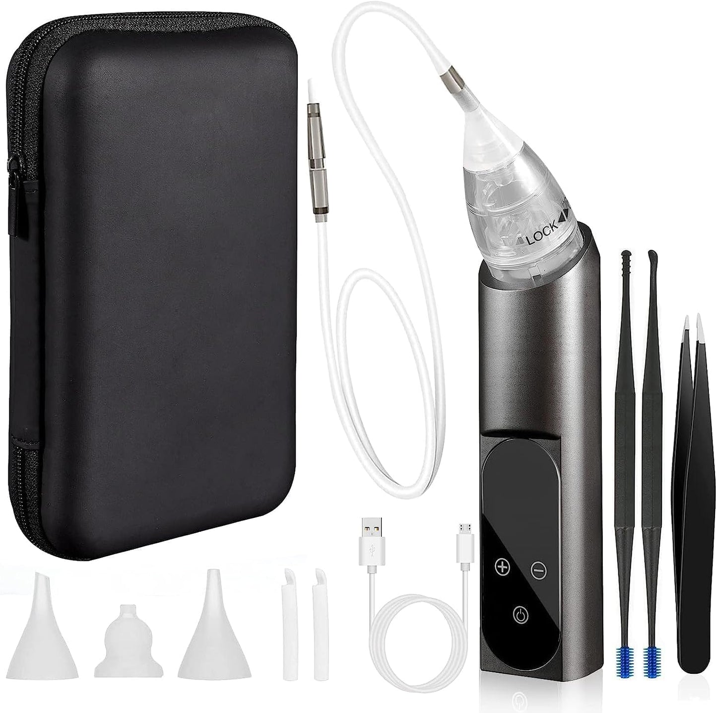 HIQUAY Ear Wax Vacuum Removal Tool, 6 Gear Strong Suction Electric Ear Cleaner Ear Vacuum Wax Remover, USB Charge Earwax Removal Kit Reusable Soft Silicone Ear Cleaning Kit Water Remover Tool (Black)