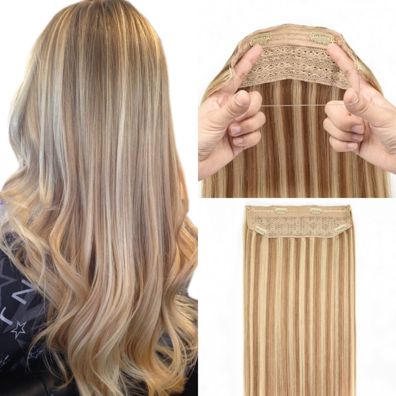 Human Hair Extensions Wire Hair Ash Brown with Blonde Straight Wire Hair Extensions Real Human Hair Hairpieces with Invisible Fish Line 14 Inch 80g for Women #8/613
