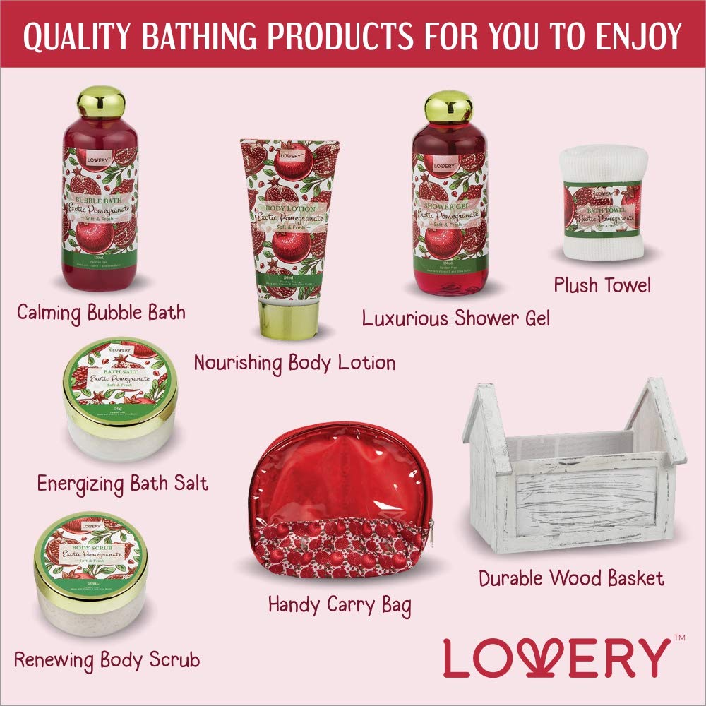 Birthday Gifts from Son, Home Spa Gift Basket, 8pc Bath & Body Set for Women & Men, Exotic Pomegranate Scent, Shower Gel, Bubble Bath, Lotion, Bath Salt, Body Scrub, Towel, Cosmetic Bag & Wood Case