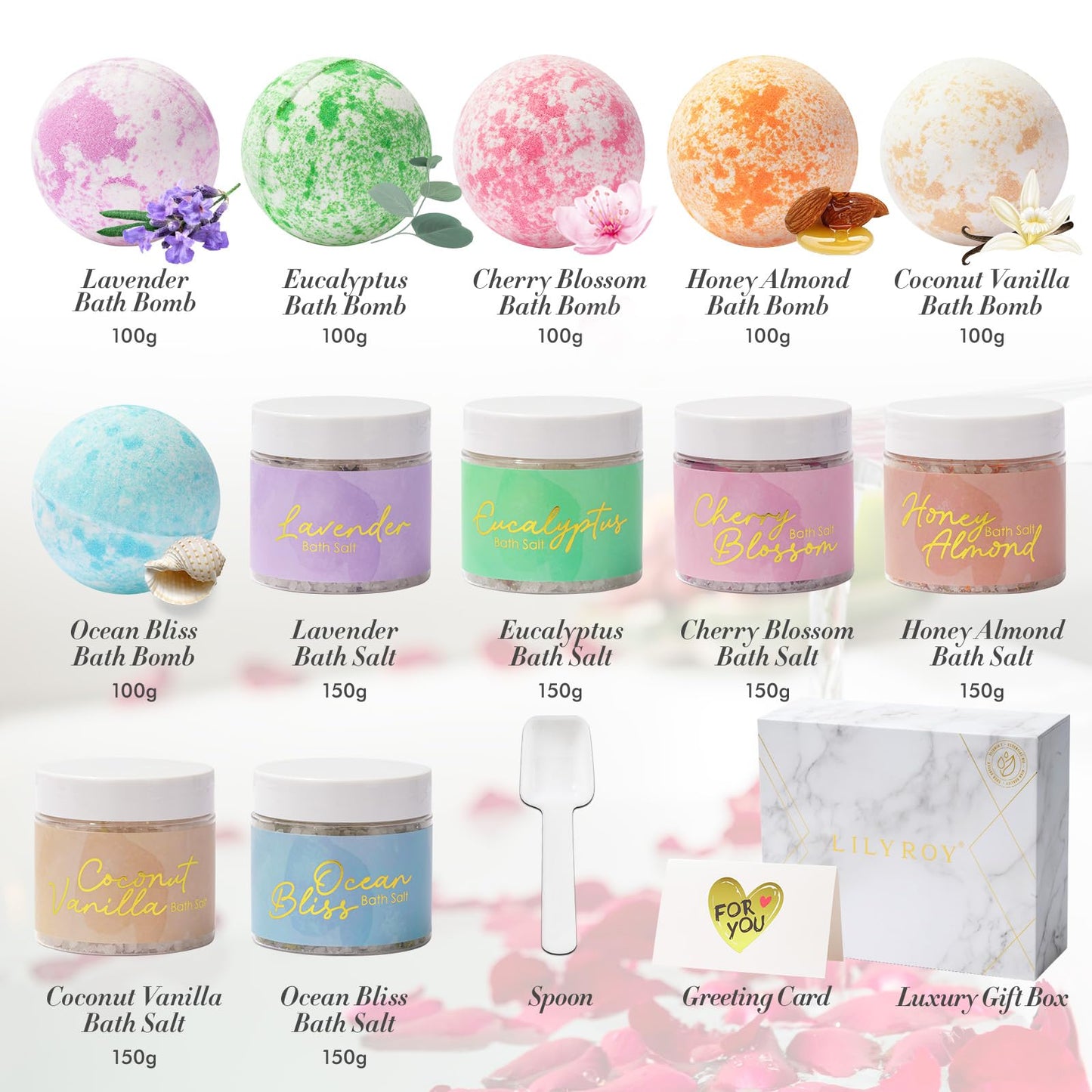 Luxurious Mothers Day Gifts for Women15-Piece Floral 6 x 150g Bath Salt & 6 x 100g Bath Bomb Gift Set for Christmas Gifts, Bath & Body Gift Set for Women, Self Care Kit Elegant Box | Birthday Gift
