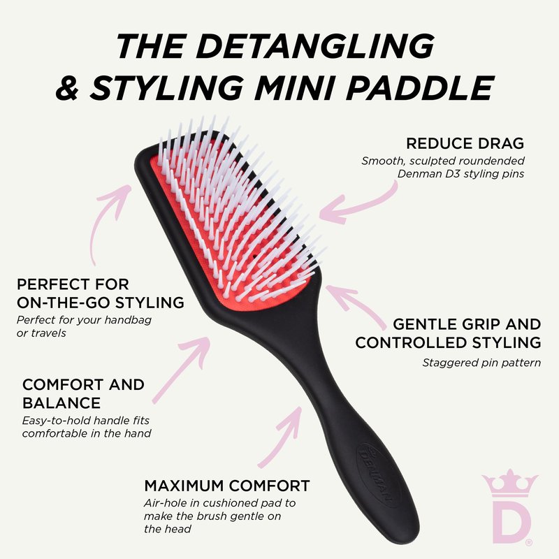 Denman Petite Detangler for Fast and Comfortable Detangling and Blow Drying D38 - Combination of D3 Styling Pins & Paddle Brush (Black)
