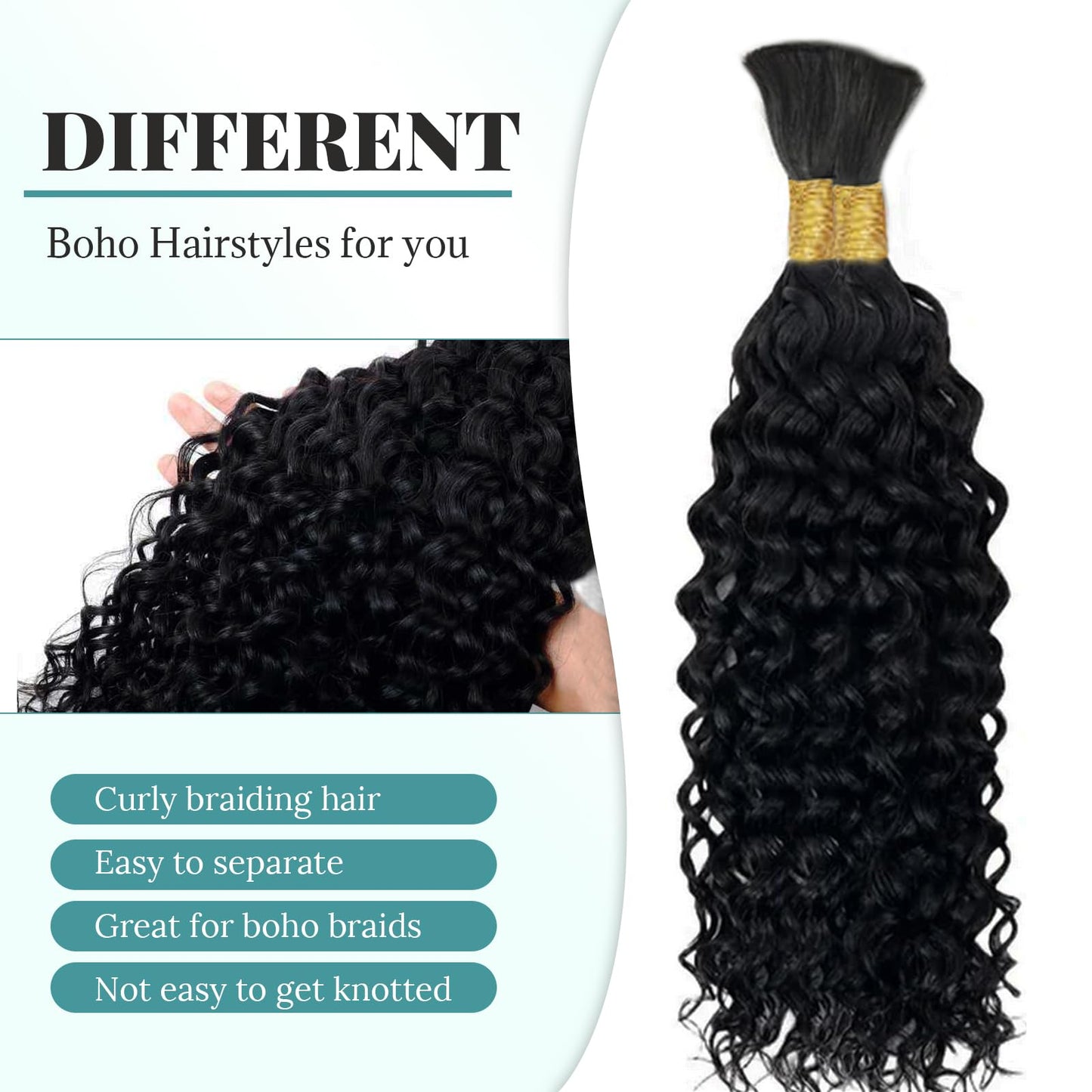 Human Braiding Hair 2 Bundles/Pack 100g Curly Water Wave Human Bulk Hair for Braiding No Weft 18in Brazilian Braiding Hair for Boho Braids Wet and Wavy Braids Extensions