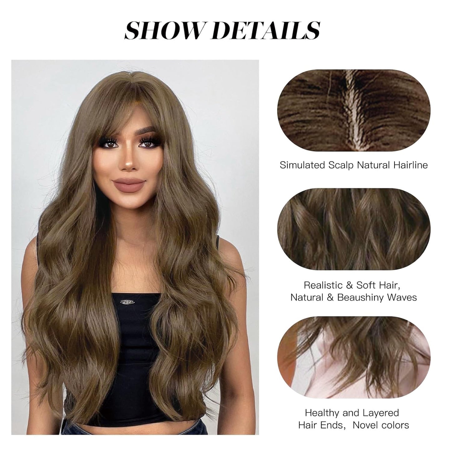 YOUGRACE Ombre Blonde Wig with Bangs Long Wavy Ombre Wigs for Women 26 Inch Curly Blonde Wigs with Dark Root Synthetic Heat Resistant Wigs for Daily Party Use