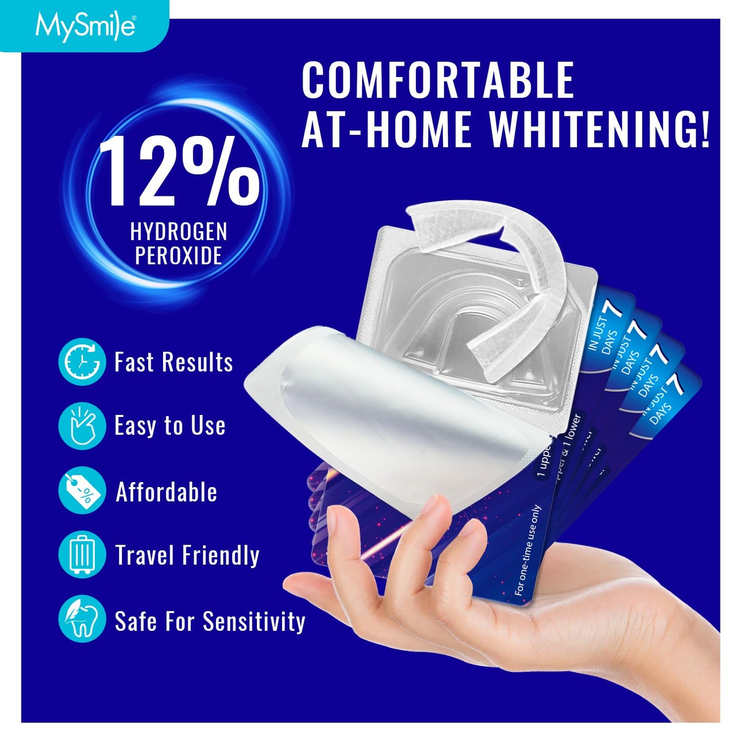 MySmile 7 Treatments Prefilled Teeth Whitening Trays Kit with 12% Hydrogen Peroxide Whiter Gel for Sensitive Tooth, Fast-Result Vegan Teeth Whitener U-Wraps Tooth Stain Remover, Mint Flavor