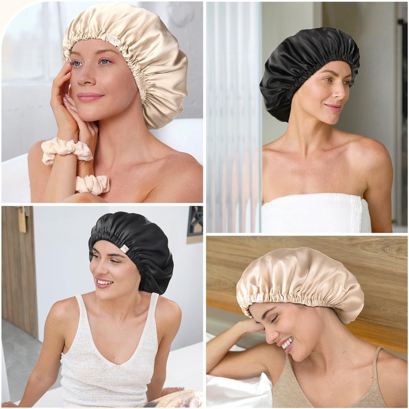 YANIBEST 22 Momme 100% Mulberry Silk Sleep Cap Silk Bonnet for Women - Sleeping Cap Hair Bonnet & Scrunchie Champagne