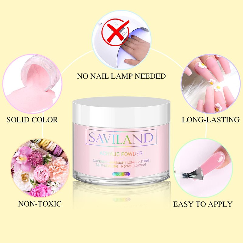 Saviland Pink Acrylic Powder: 30g Professional Colored Acrylic Nail Powder Polymer for French Manicure DIY Nail Art Extension 3D Carving, Long Lasting No Need Nail Lamp