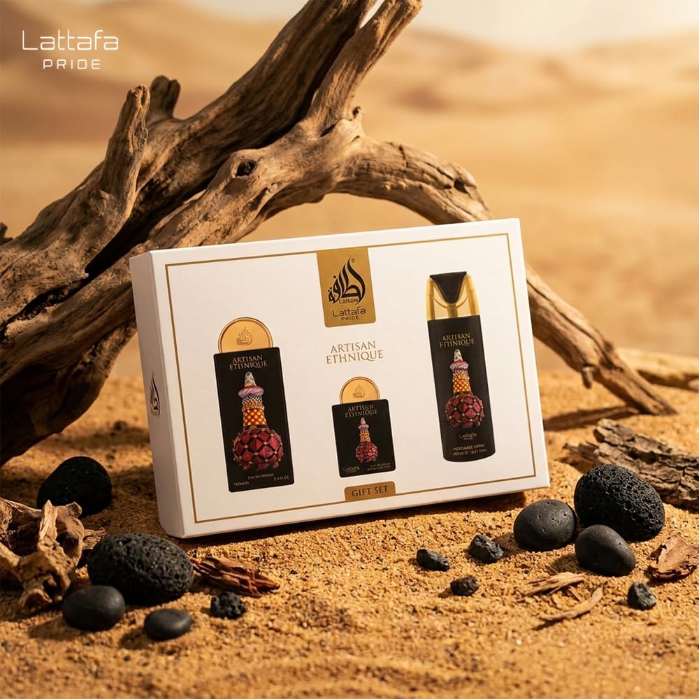 Lattafa Pride Artisan Ethnique – Spicy, Gourmand, Sweet, Ambery – 3-Piece Gift Set for Unisex (3.4 Oz Eau de Parfum Spray + 0.65 Oz Eau de Parfum Spray + 6.67 Oz Deodorant Spray)