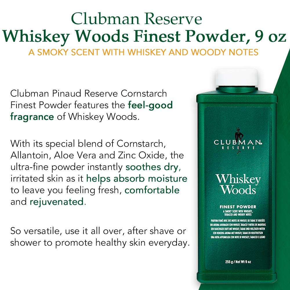 Clubman Reserve | Whiskey Woods Body Powder for Men - Moisture & Odor Control, 9 oz